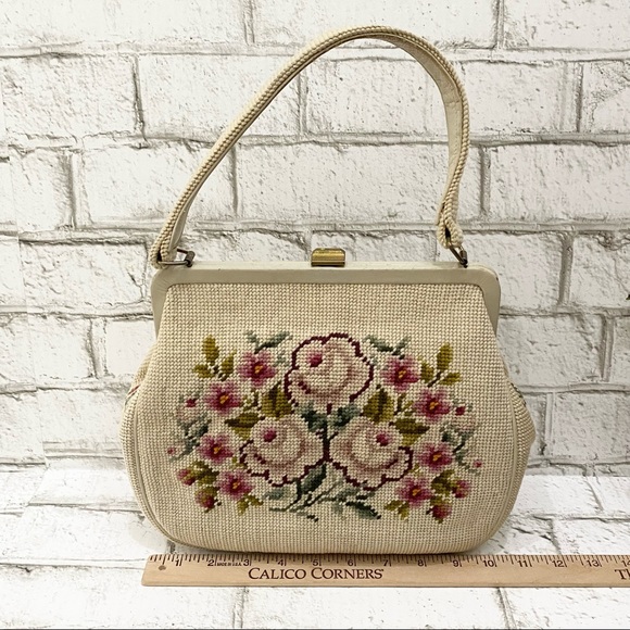 Vintage Beige Floral Needlepoint Clutch Handbag - Picture 5 of 16